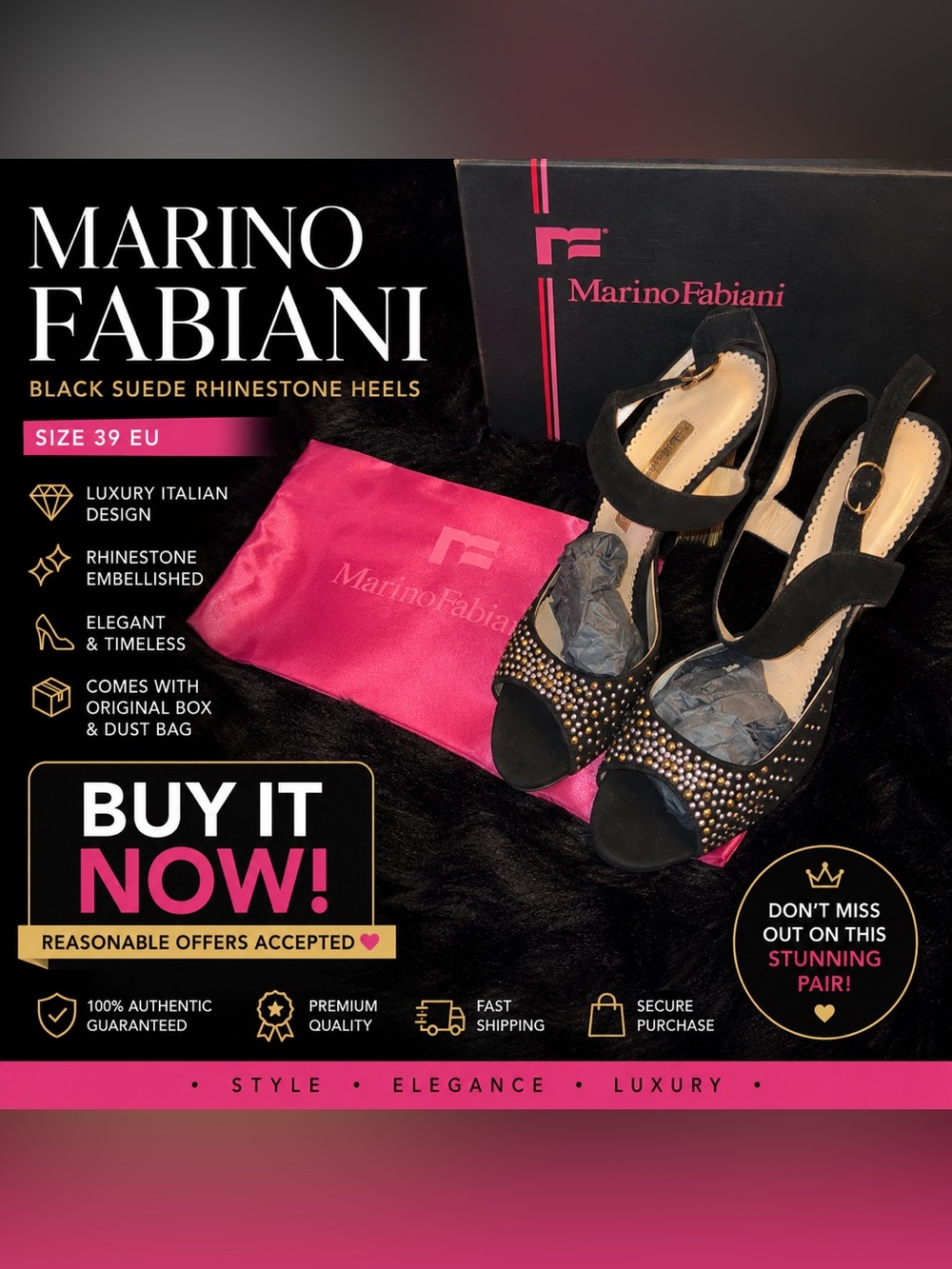 Marino Fabiani Black Suede Rhinestone Heels Size 39 NEW W/ Box ✨